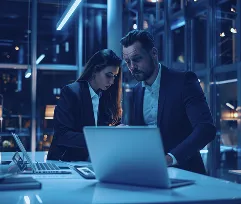 Two people working late at a laptop in an office