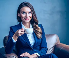 Businesswoman in a blue suit holding a coffee cup