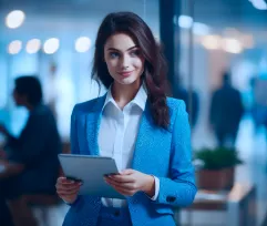 Businesswoman holding a tablet in an open-plan office